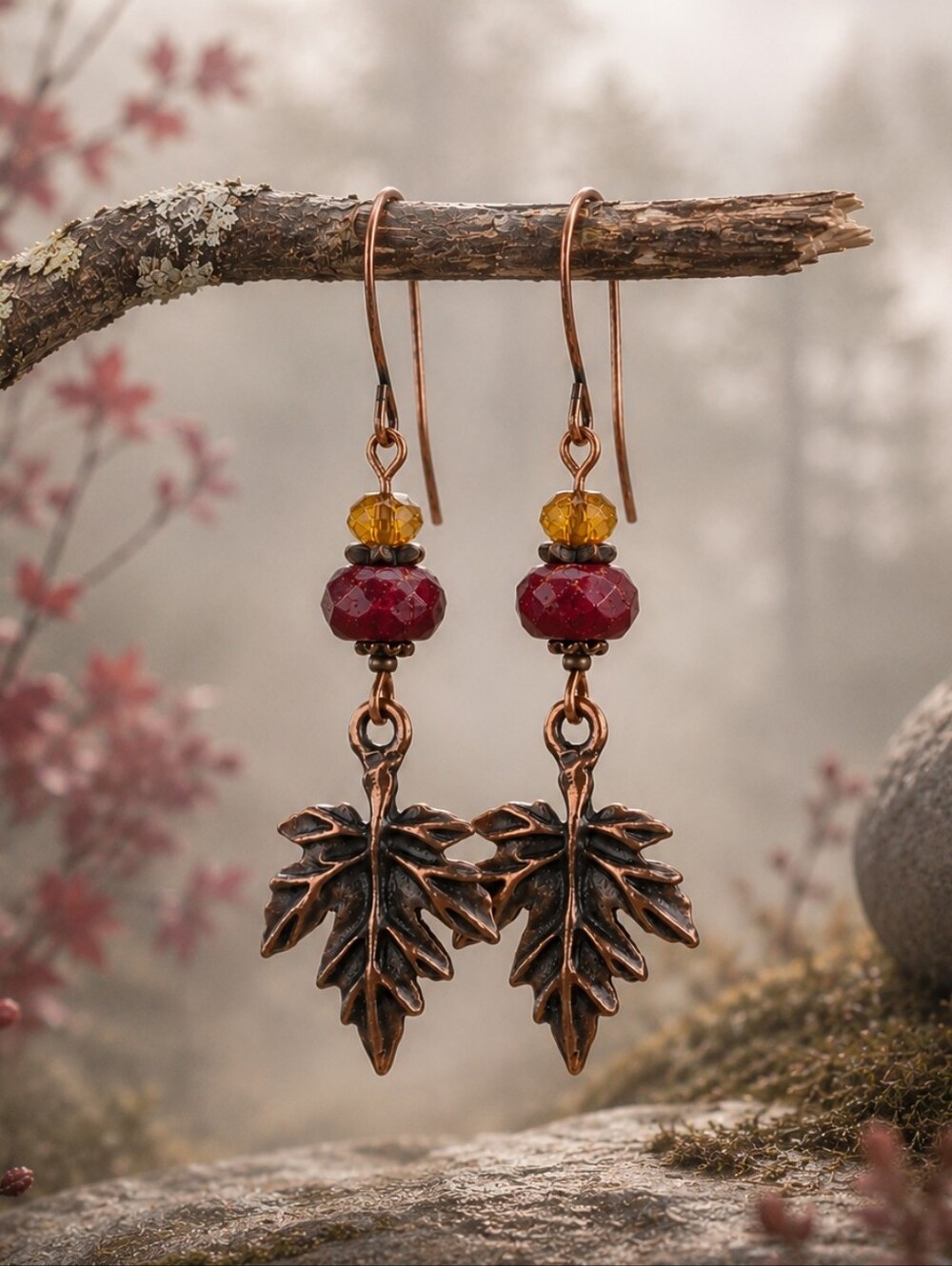 Copper Maple Leaf Earrings Red Czech Glass Woodland Hand Crafted